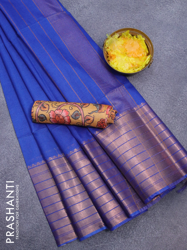 Semi tussar saree blue and mustard yellow with plain body and long copper zari woven border & kalamkari printed blouse