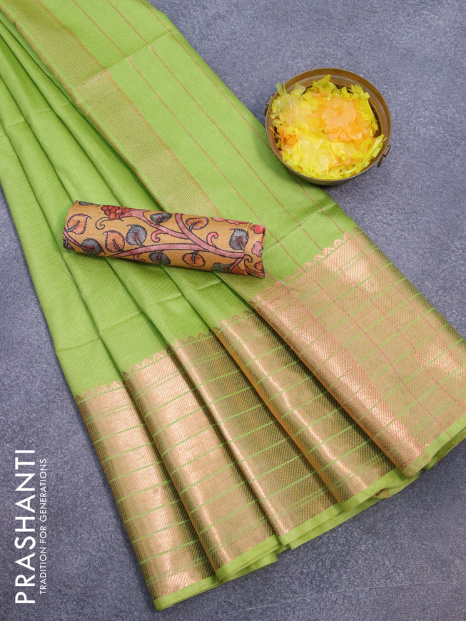 Semi tussar saree light green and mustard yellow with plain body and long copper zari woven border & kalamkari printed blouse