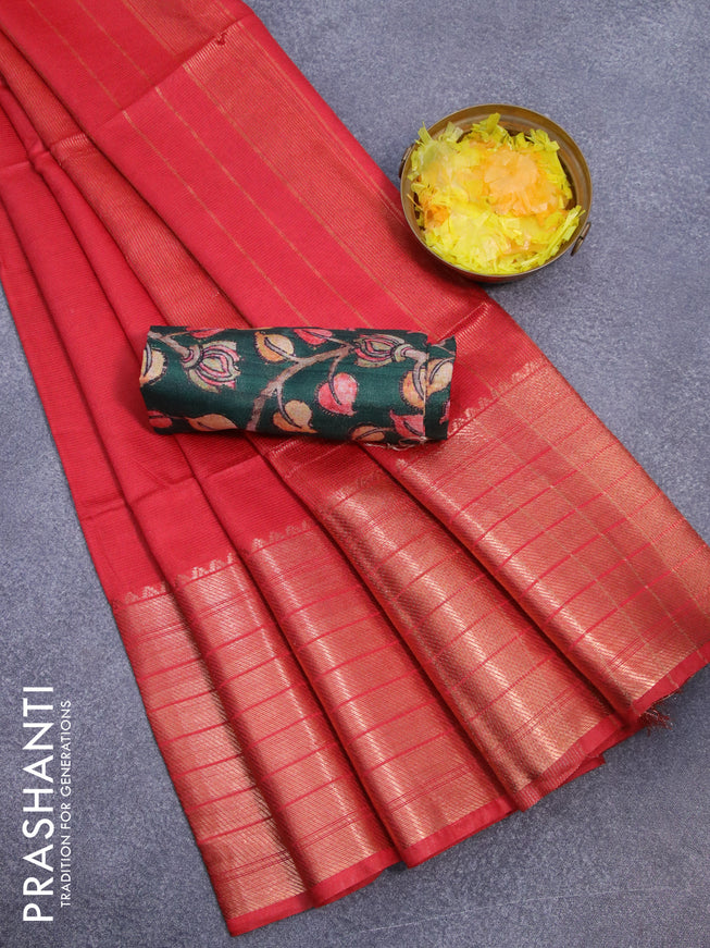 Semi tussar saree red and bottle green with plain body and long copper zari woven border & kalamkari printed blouse