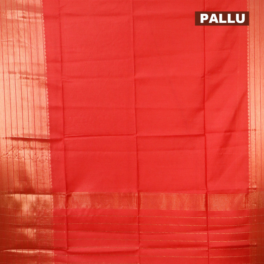 Semi tussar saree red and bottle green with plain body and long copper zari woven border & kalamkari printed blouse