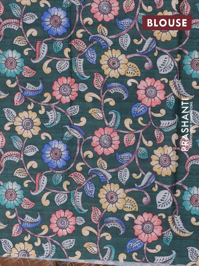 Semi tussar saree sandal and dark green with plain body and copper zari woven border & kalamkari printed blouse