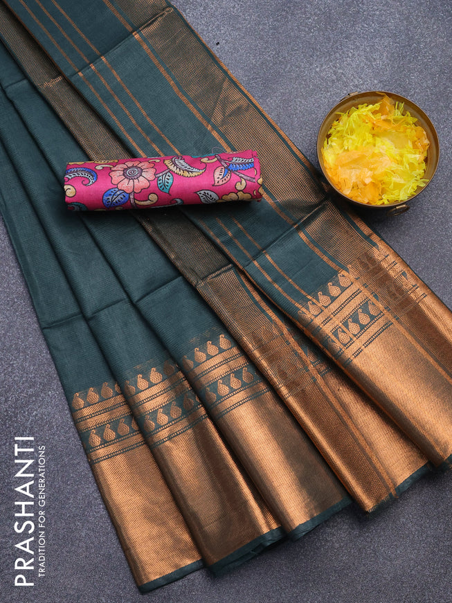 Semi tussar saree green and pink with plain body and copper zari woven border & kalamkari printed blouse