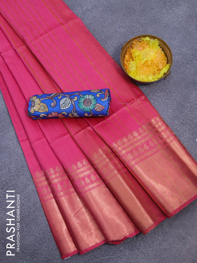 Semi tussar saree pink and royal blue with plain body and copper zari woven border & kalamkari printed blouse