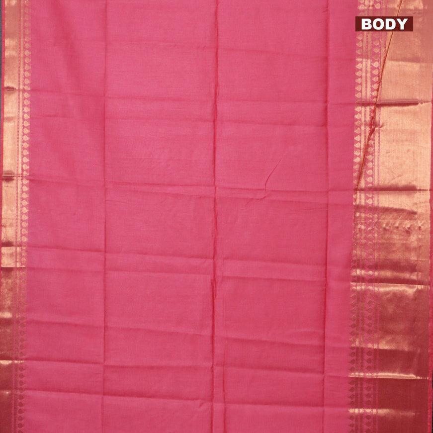 Semi tussar saree pink and royal blue with plain body and copper zari woven border & kalamkari printed blouse