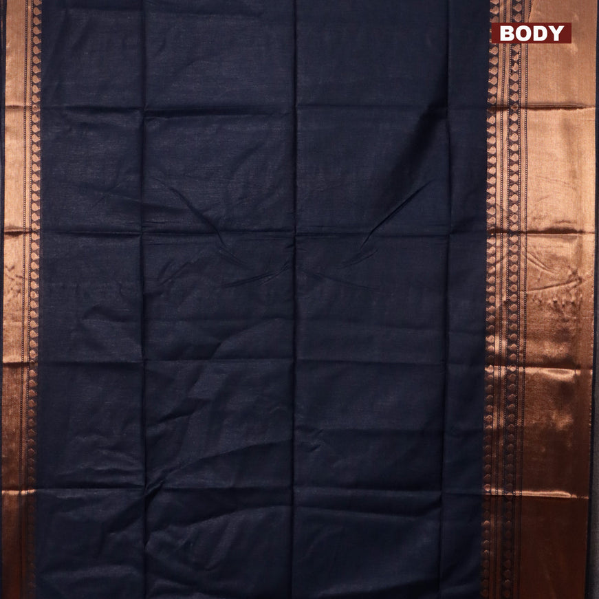 Semi tussar saree navy blue and pink with plain body and copper zari woven border & kalamkari printed blouse