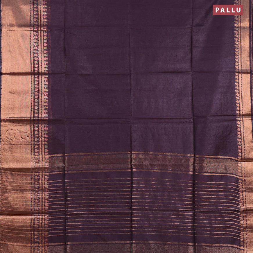 Semi tussar saree brown and mustard yellow with plain body and copper zari woven border & kalamkari printed blouse