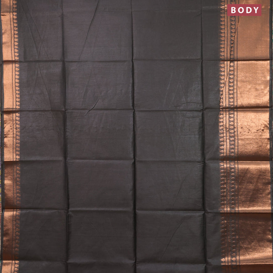 Semi tussar saree grey shade and teal blue with plain body and copper zari woven border & kalamkari printed blouse