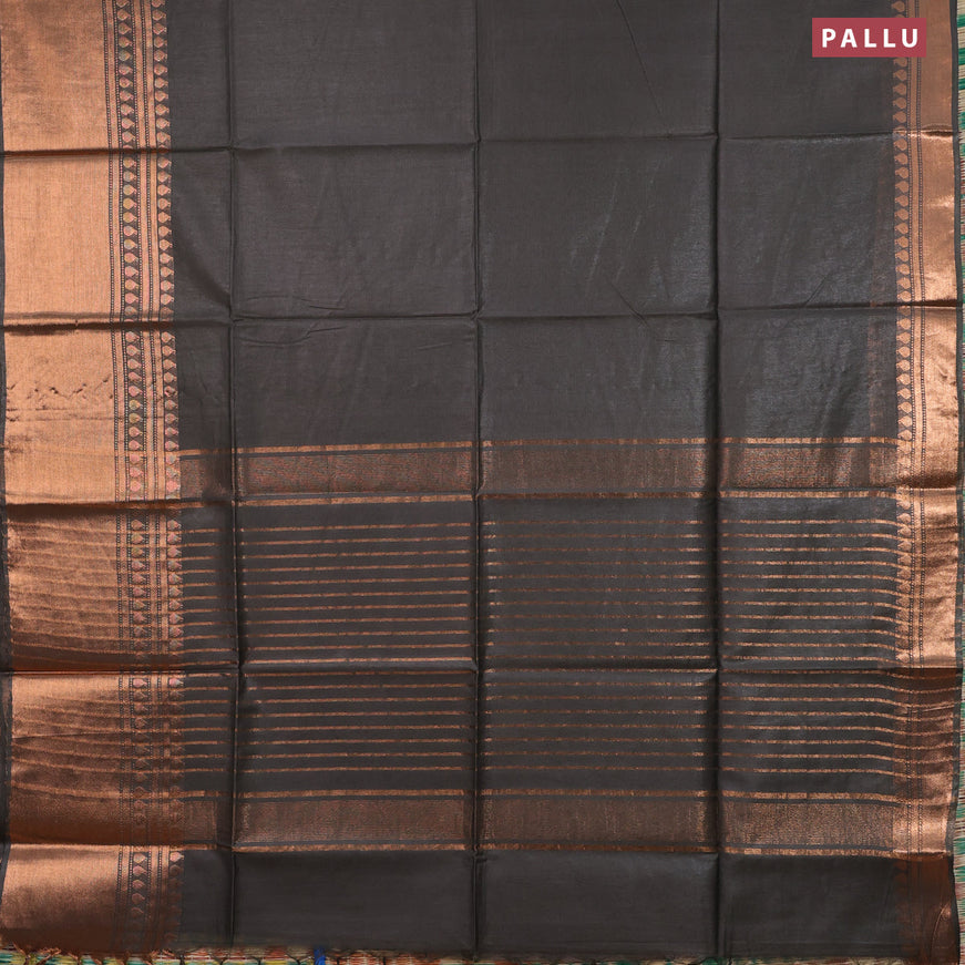 Semi tussar saree grey shade and teal blue with plain body and copper zari woven border & kalamkari printed blouse