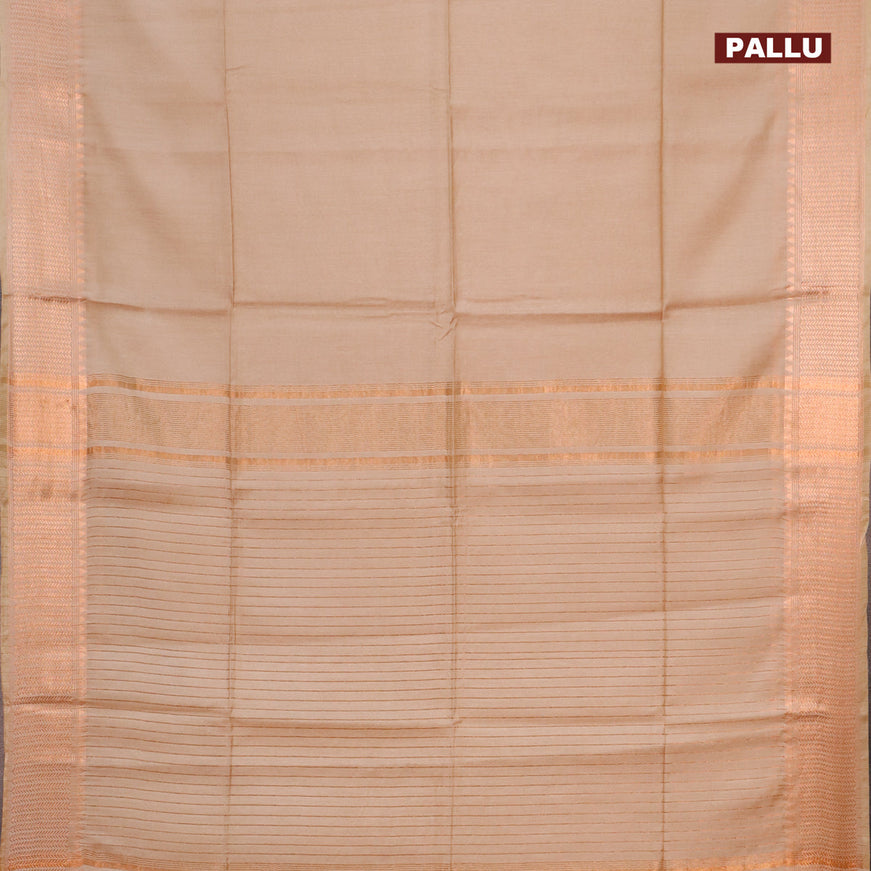 Semi tussar saree beige and dark green with plain body and copper zari woven border & kalamkari printed blouse