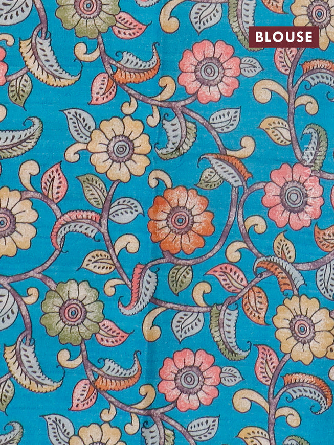 Semi tussar saree brown shade and teal blue with plain body and copper zari woven border & kalamkari printed blouse