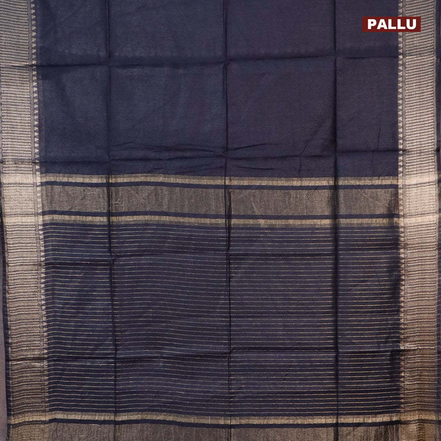 Semi tussar saree dark elephant grey and pink with plain body and copper zari woven border & kalamkari printed blouse