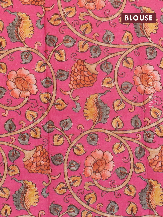 Semi tussar saree dark elephant grey and pink with plain body and copper zari woven border & kalamkari printed blouse