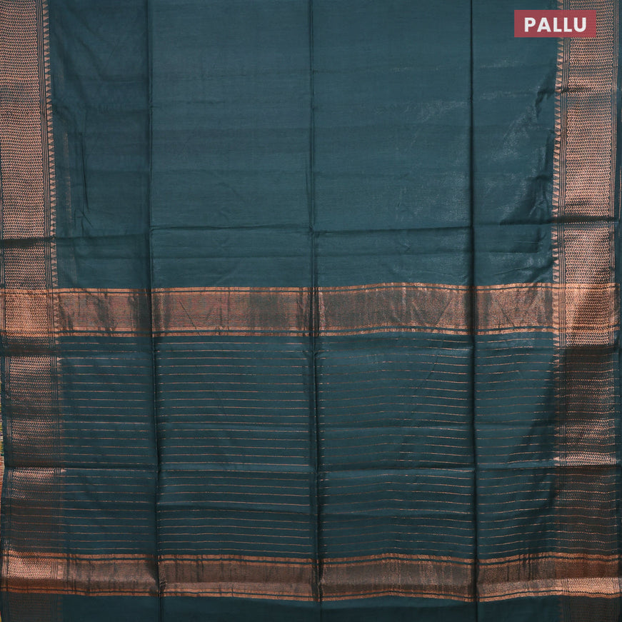 Semi tussar saree dark green and mustard yellow with plain body and copper zari woven border & kalamkari printed blouse