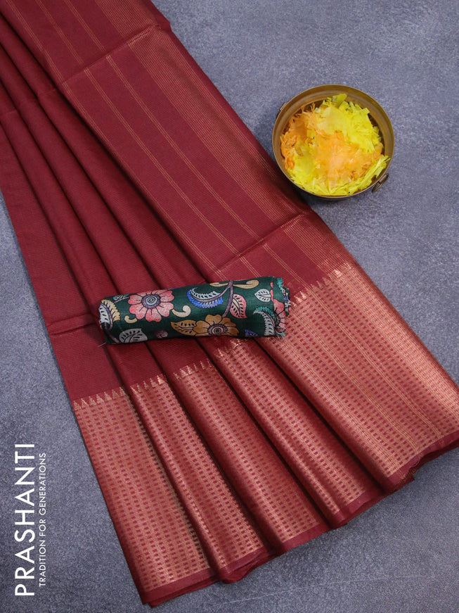 Semi tussar saree maroon and dark green with plain body and long copper zari woven border & kalamkari printed blouse
