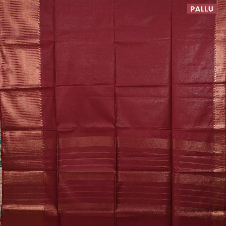 Semi tussar saree maroon and dark green with plain body and long copper zari woven border & kalamkari printed blouse