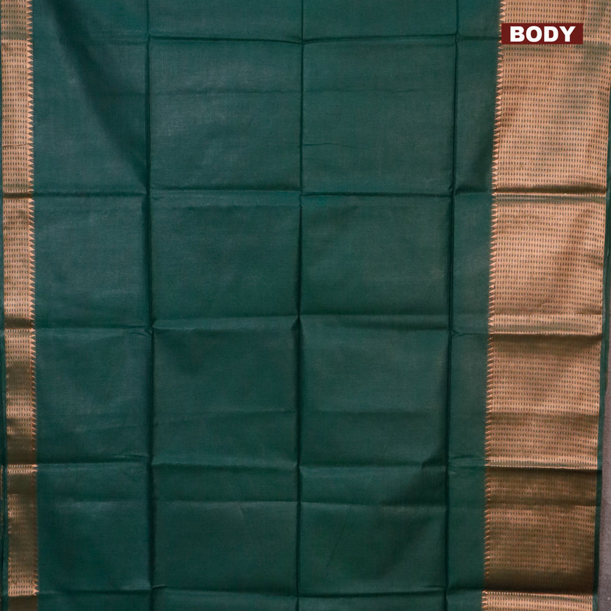 Semi tussar saree dark green and mustard yellow with plain body and long copper zari woven border & kalamkari printed blouse