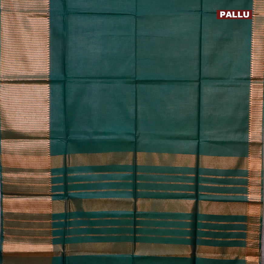 Semi tussar saree dark green and mustard yellow with plain body and long copper zari woven border & kalamkari printed blouse