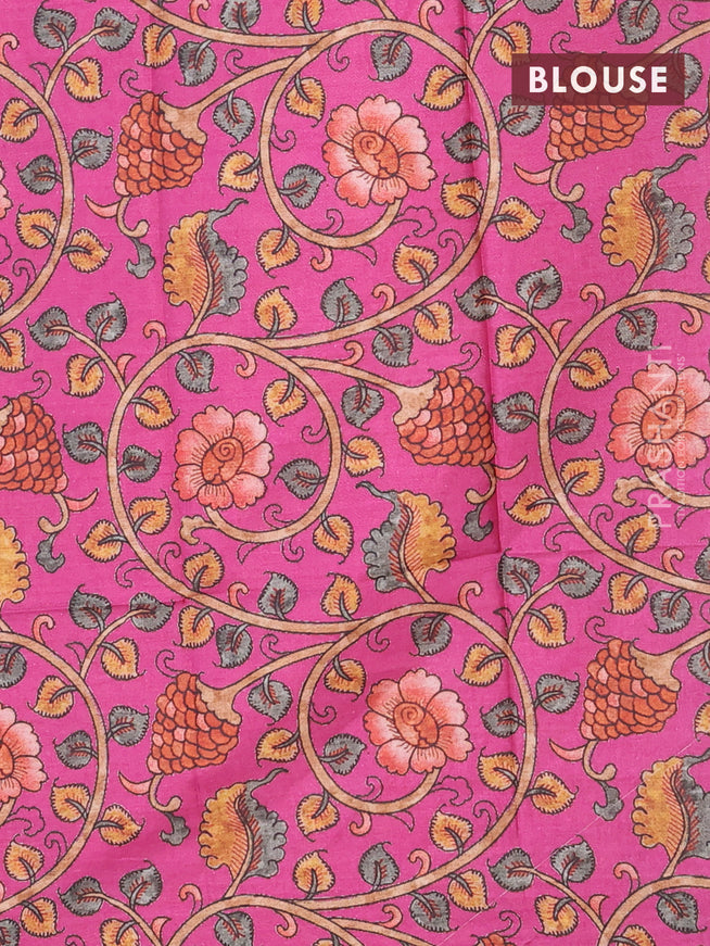 Semi tussar saree blue and pink with plain body and long copper zari woven border & kalamkari printed blouse