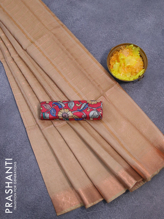Semi tussar saree sandal and red with copper zari checks & buttas and copper zari woven border & kalamkari printed blouse