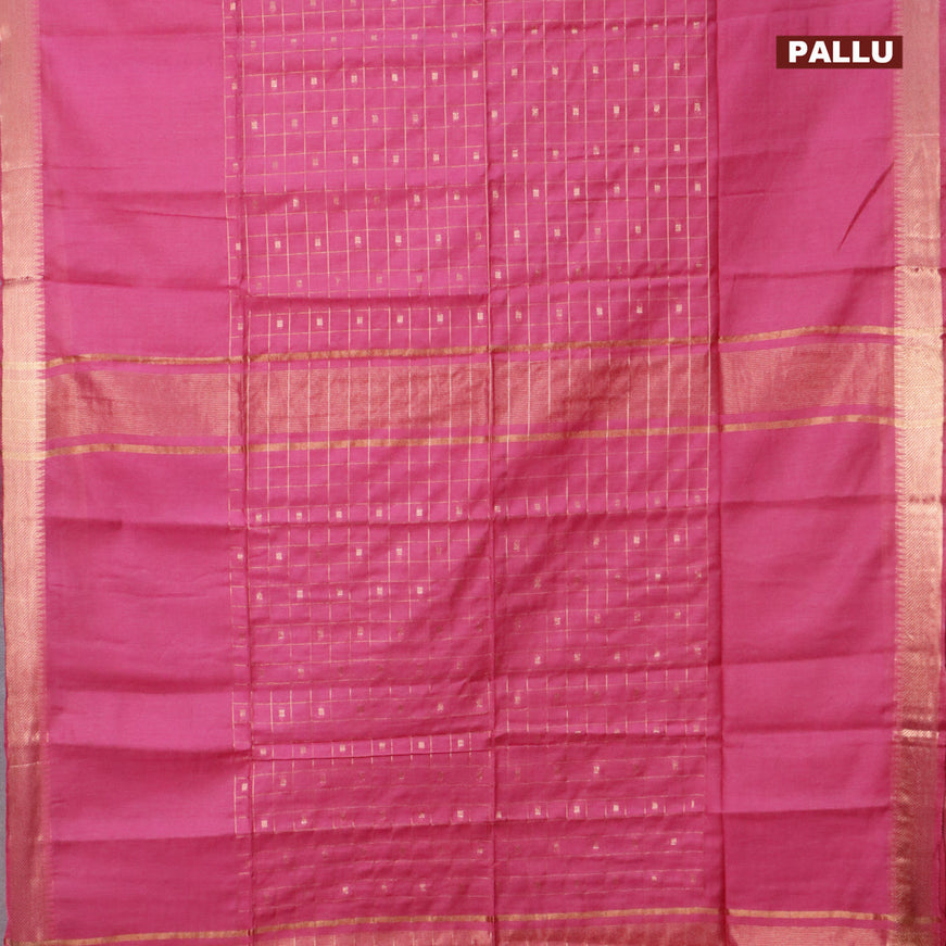 Semi tussar saree pink and blue with copper zari checks & buttas and copper zari woven border & kalamkari printed blouse