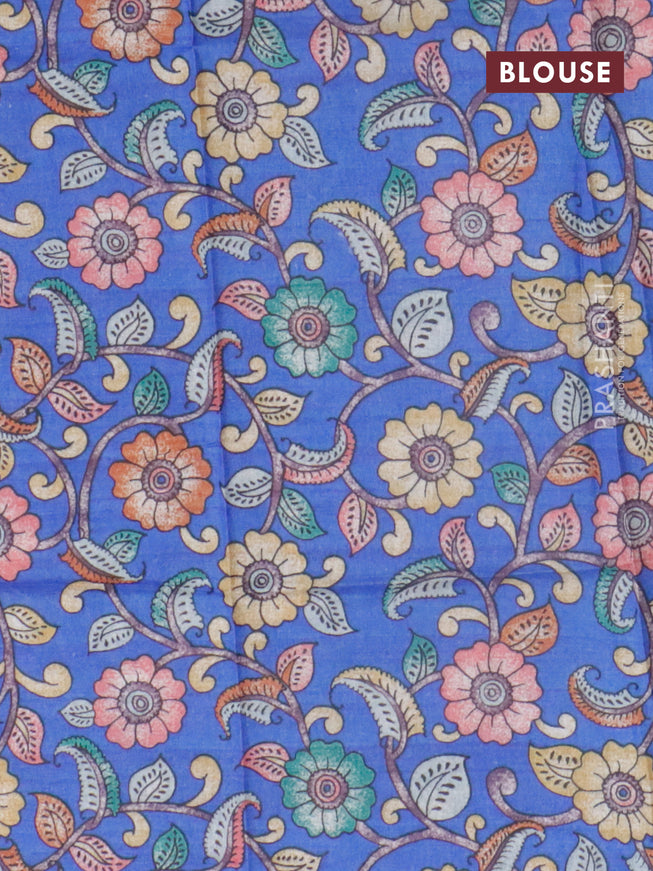 Semi tussar saree pink and blue with copper zari checks & buttas and copper zari woven border & kalamkari printed blouse