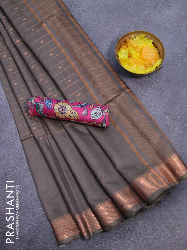 Semi tussar saree grey shade and pink with copper zari checks & buttas and copper zari woven border & kalamkari printed blouse