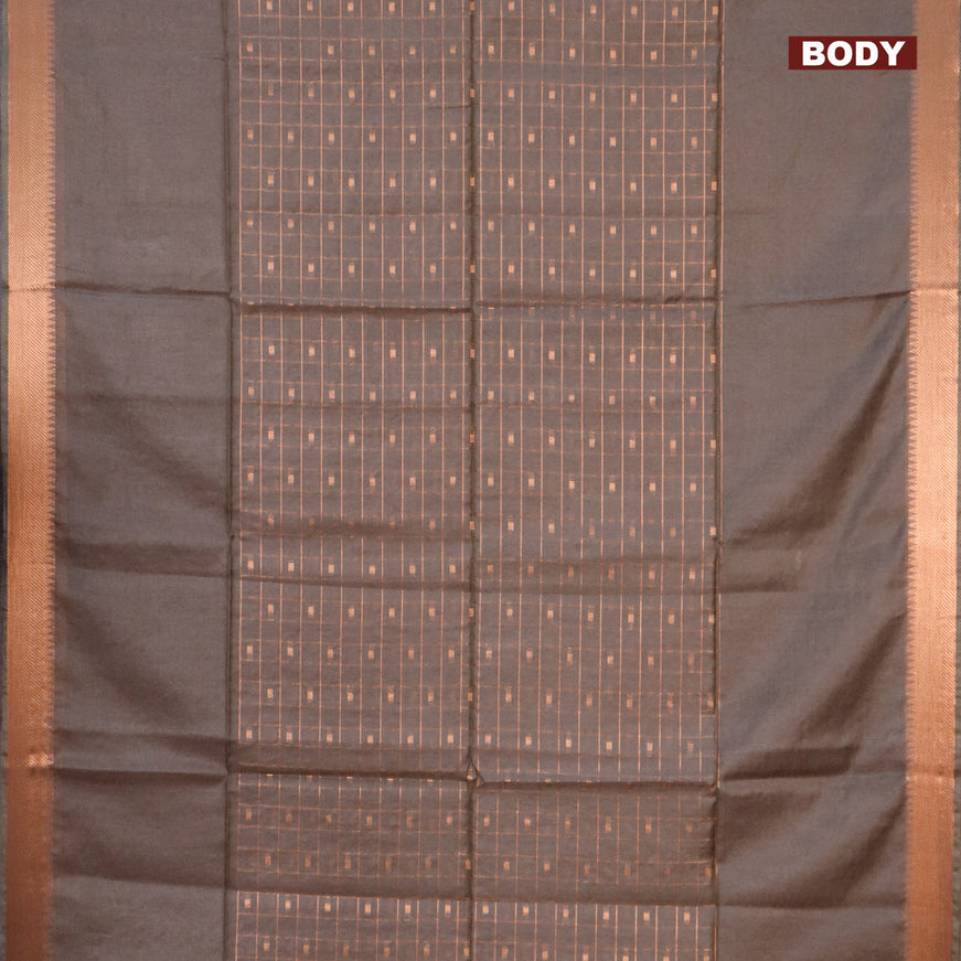 Semi tussar saree grey shade and pink with copper zari checks & buttas and copper zari woven border & kalamkari printed blouse
