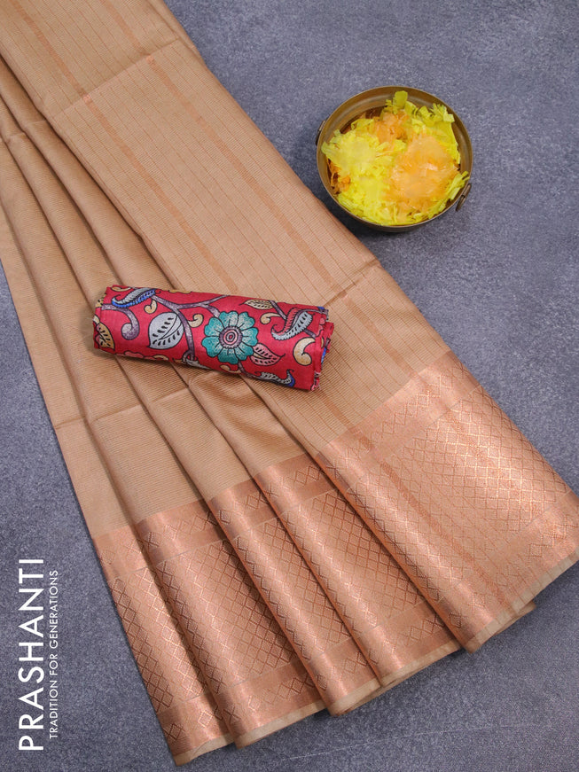 Semi tussar saree sandal and tomato pink with plain body and copper zari woven border & kalamkari printed blouse