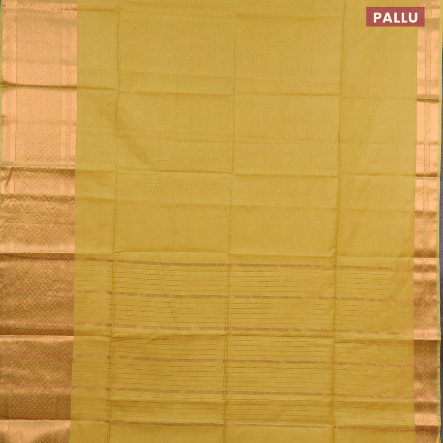 Semi tussar saree yellow and dark green with plain body and copper zari woven border & kalamkari printed blouse