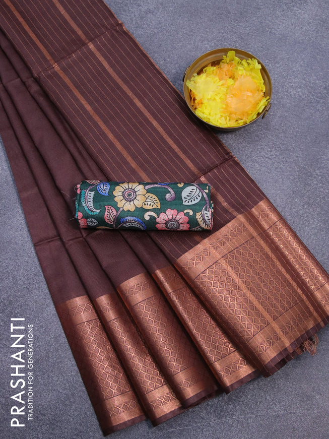 Semi tussar saree deep maroon and dark green with plain body and copper zari woven border & kalamkari printed blouse