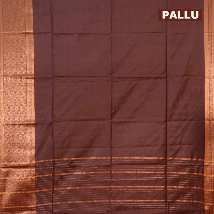 Semi tussar saree deep maroon and dark green with plain body and copper zari woven border & kalamkari printed blouse