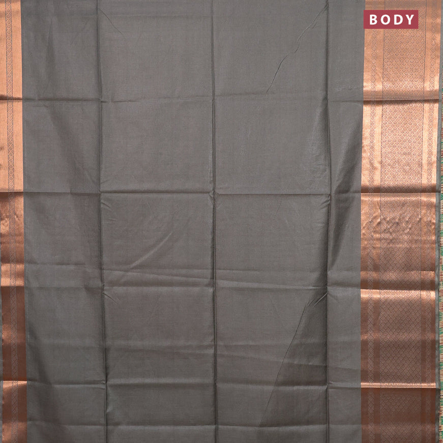 Semi tussar saree grey shade and tomato pink with plain body and copper zari woven border & kalamkari printed blouse