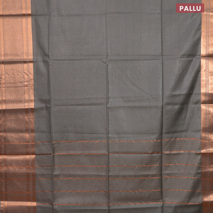 Semi tussar saree grey shade and tomato pink with plain body and copper zari woven border & kalamkari printed blouse