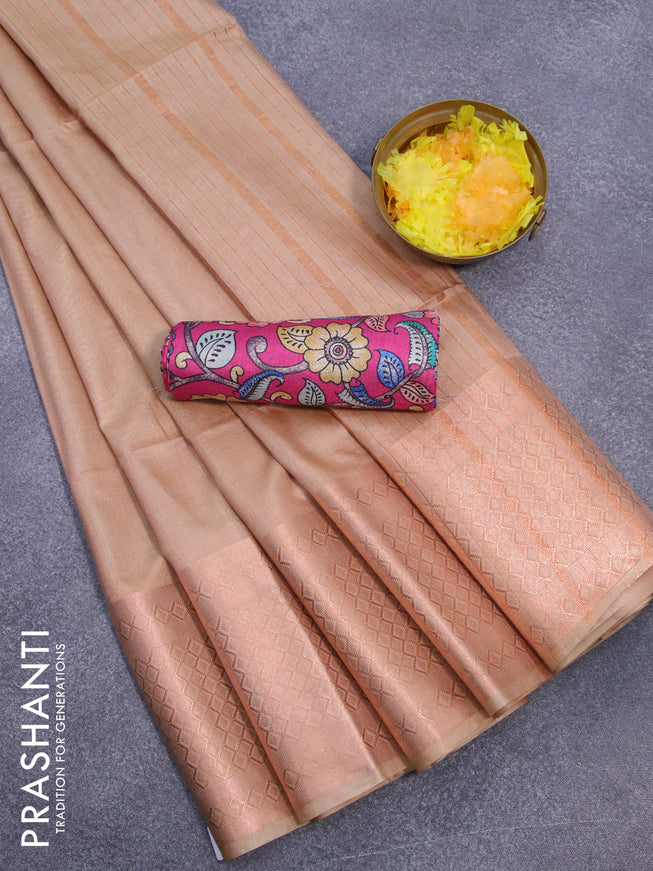 Semi tussar saree sandal and pink with plain body and copper zari woven border & kalamkari printed blouse