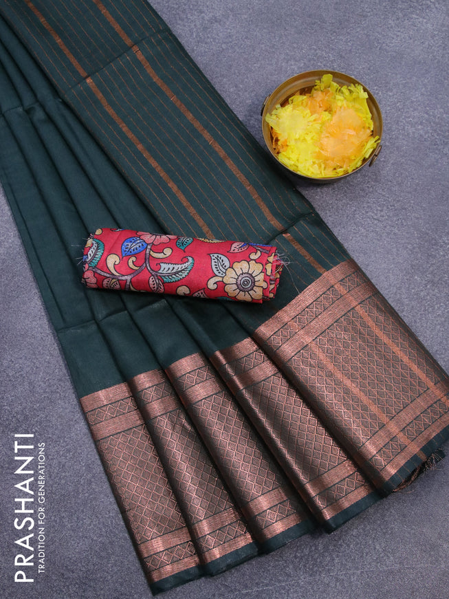 Semi tussar saree peacock green and tomato pink with plain body and copper zari woven border & kalamkari printed blouse