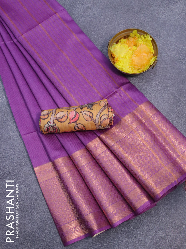 Semi tussar saree lavender shade and mustard yellow with plain body and copper zari woven border & kalamkari printed blouse