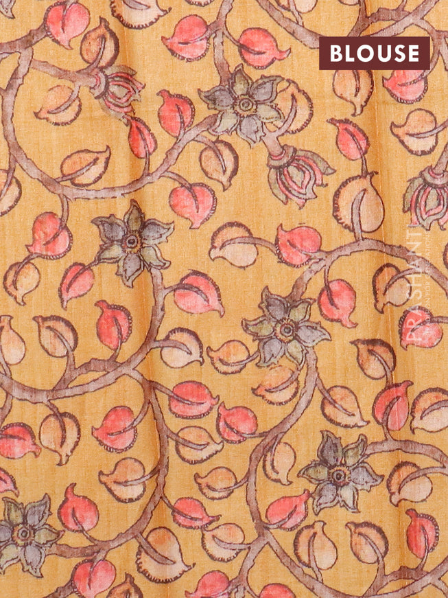 Semi tussar saree lavender shade and mustard yellow with plain body and copper zari woven border & kalamkari printed blouse