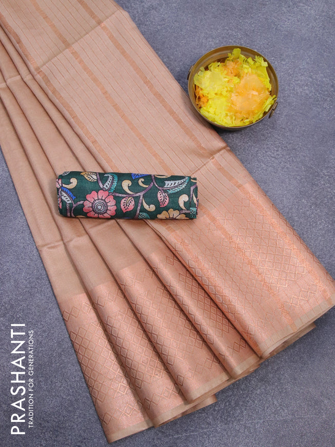 Semi tussar saree sandal and dark green with plain body and copper zari woven border & kalamkari printed blouse