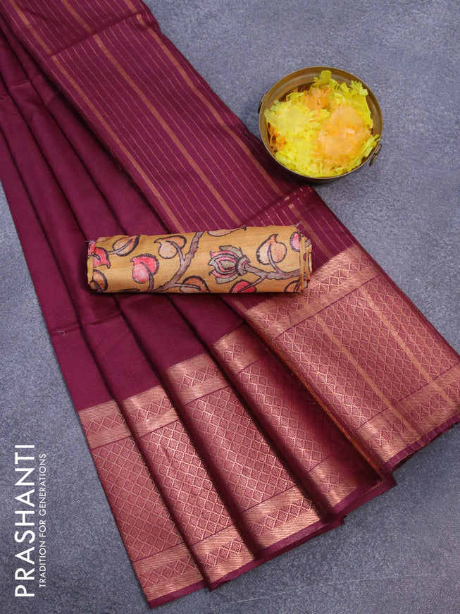 Semi tussar saree dark magenta and mustard yellow with plain body and copper zari woven border & kalamkari printed blouse