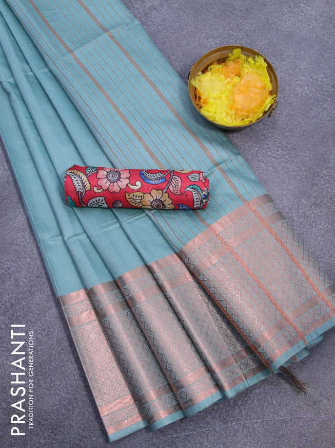 Semi tussar saree pastel blue and tomato pink with plain body and copper zari woven border & kalamkari printed blouse