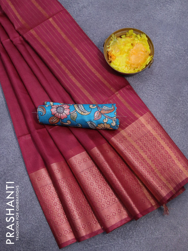 Semi tussar saree dark blue and teal blue with plain body and copper zari woven border & kalamkari printed blouse