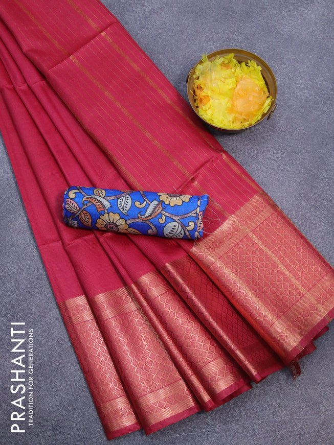 Semi tussar saree reddish pink and blue with plain body and copper zari woven border & kalamkari printed blouse