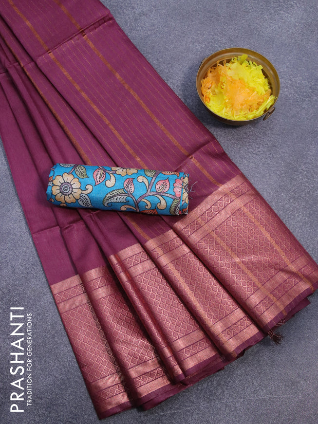 Semi tussar saree dark magenta and teal blue with plain body and copper zari woven border & kalamkari printed blouse