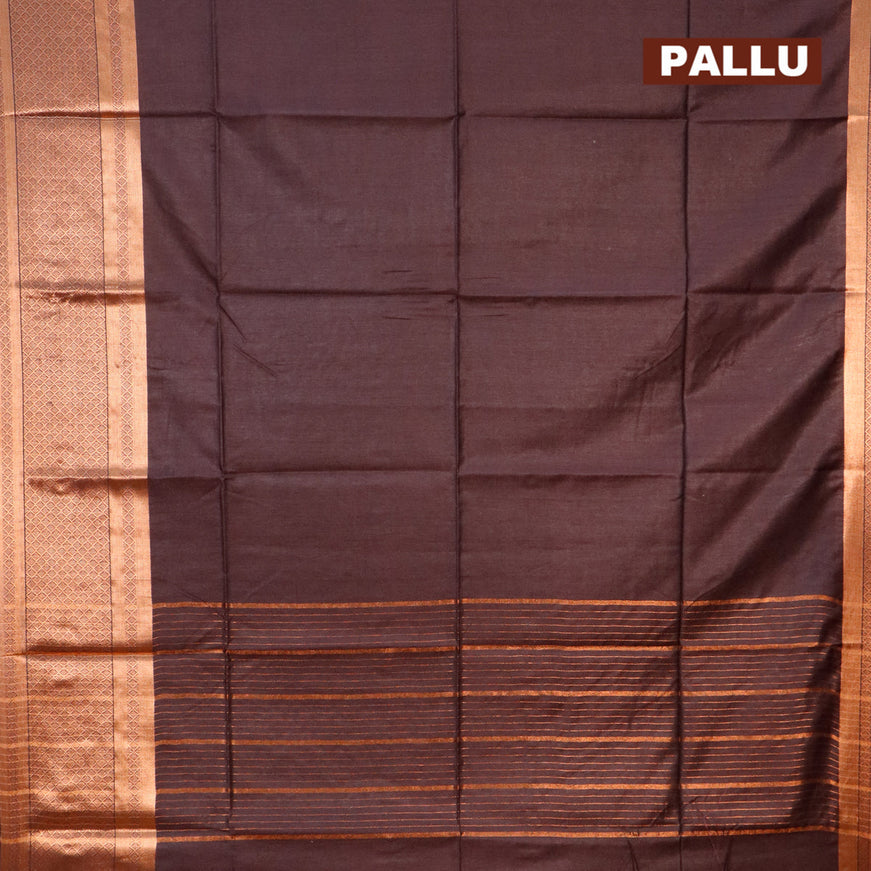 Semi tussar saree coffee brown and red with plain body and copper zari woven border & kalamkari printed blouse