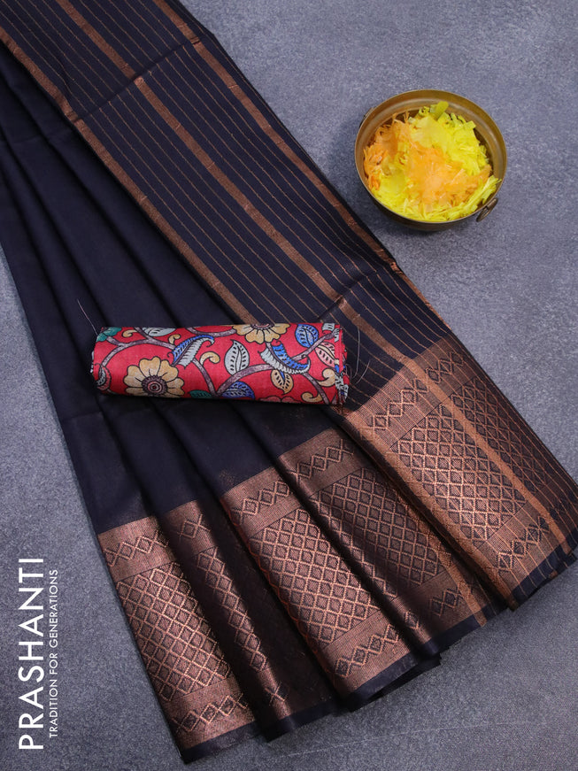 Semi tussar saree elephant grey and red with plain body and copper zari woven border & kalamkari printed blouse