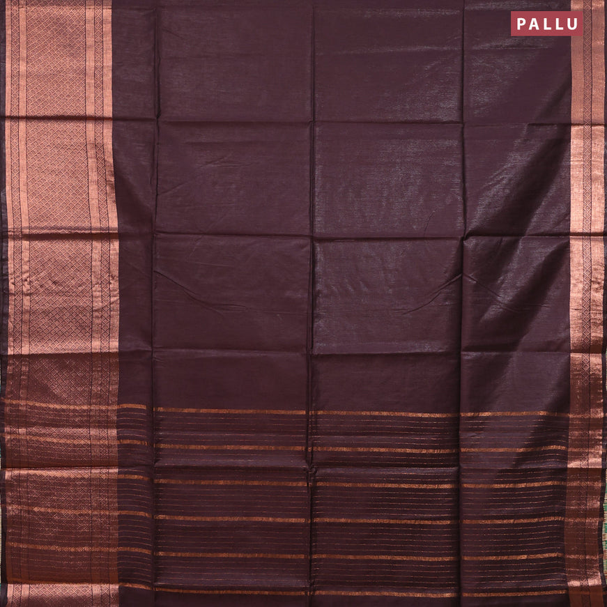 Semi tussar saree brown and mustard yellow with plain body and copper zari woven border & kalamkari printed blouse