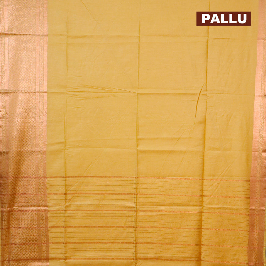 Semi tussar saree lime yellow and tomato red with plain body and copper zari woven border & kalamkari printed blouse