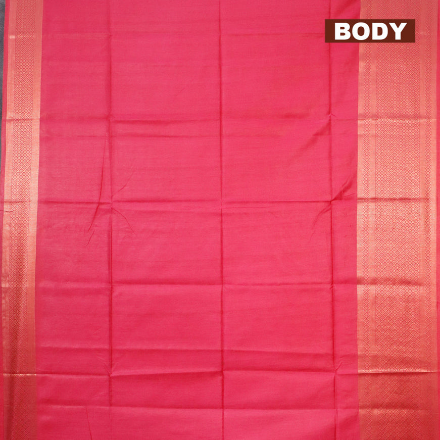 Semi tussar saree pink and blue with plain body and copper zari woven border & kalamkari printed blouse
