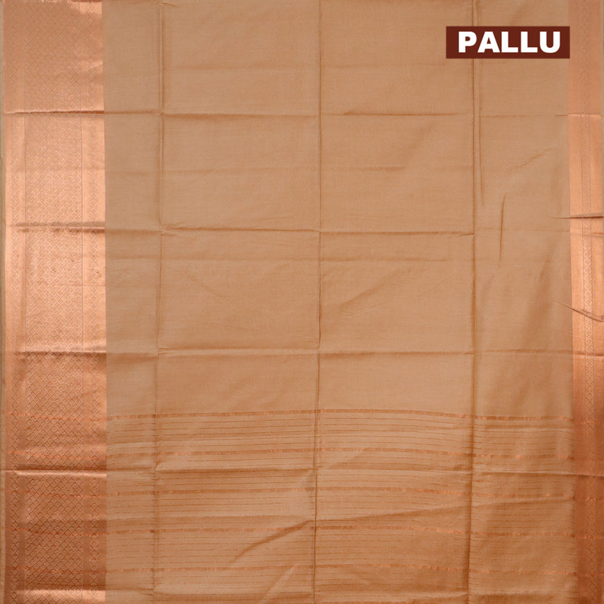 Semi tussar saree sandal and reddish pink with plain body and copper zari woven border & kalamkari printed blouse