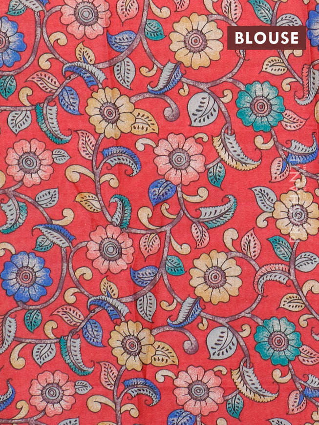 Semi tussar saree dark navy blue and reddish pink with plain body and copper zari woven border & kalamkari printed blouse